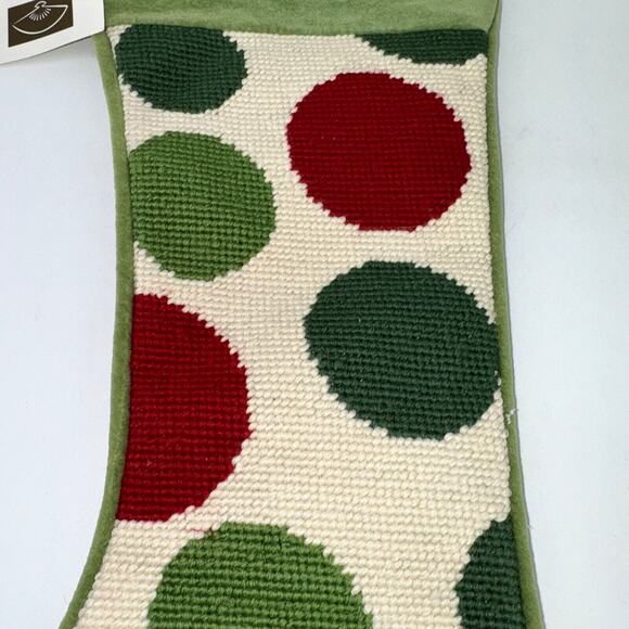 Peking Handicraft Needlepoint Christmas Stocking Wool Red Green Balls Faux Fir - Picture 3 of 8